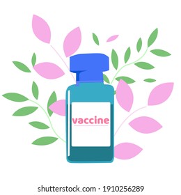 Bottle of vaccine. There are abstract petals In the background. Medical concept.