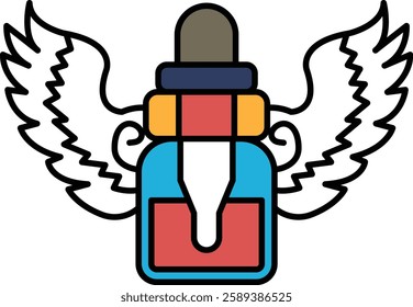 A bottle of vape with a blue cap and a red and yellow label. The bottle is surrounded by wings, which are drawn in a stylized way. Scene is playful and whimsical