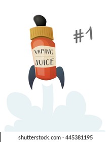 Bottle of vaping fluid juice starting as a rocket with a cloud of vapor. Vector cartoon illustration for print and web. Stop smoking, start vaping.