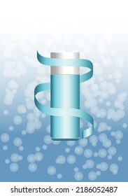 Bottle Vector On Blue Background. Satin Blue Ribbon Around Empty Cosmetic Bottle