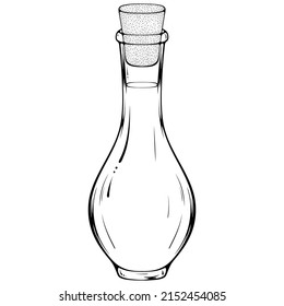 Bottle with vegetable oil close up. Vector illustrations in hand drawn sketch doodle style. Line art bottle with liquid and cork isolated on white. Element for coloring book, design, print.