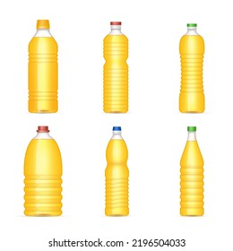 Bottle with vegetable oil. Realistic sunflower oil plastic bottles packages set isolated on white background. Food and ingredients elements. Vector illustration