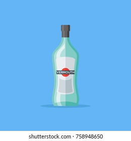 Bottle of vermouth isolated on blue background. Flat style icon. Vector illustration.