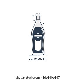 Bottle vermouth line art in flat style. Restaurant alcoholic illustration for celebration design. Design contour element. Beverage outline icon. Isolated on white background in graphic style. Vector.
