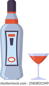 Bottle of vermouth stands next to a martini glass containing a red alcoholic beverage, creating a sophisticated and inviting scene for cocktail enthusiasts