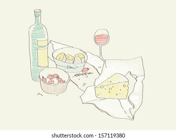 Bottle of vine and appetizers drawing