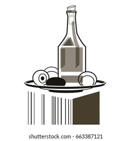 bottle of vine and fruits in the dish, bar-code 