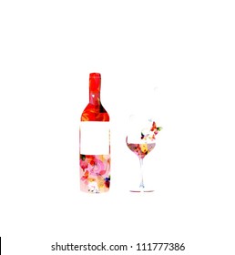 Bottle of vine and a glass on white background