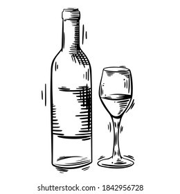 Bottle of vine and glass sketch. Vector illustration on isolated background. Hand drawn vector illustration.