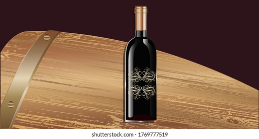 Bottle with vintage ornament, a fragment of a beautiful wooden barrel - illustration, vector. Banner.