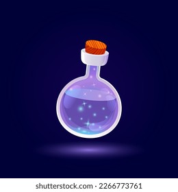 Bottle of violet potion. Glass flask with wooden cork. Shiny magic elixir. Vector illustration.