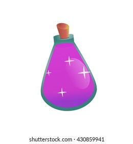 Bottle violet shine.  Cartoon Bottles of potion.Glass flasks with colorful liquids isolated on a white background. icon game magic.. Game icon of magic elixir. Vector design for app user interface. 