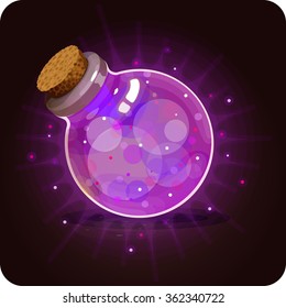 Bottle violet shine. Game icon of magic elixir. Vector design for app user interface. Potion for luck, defence, invisibility, fortitude, magic