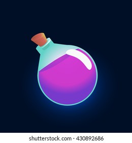 Bottle violet shine. Vector glass flask with purple liquid and label isolated on a dark background. Game icon of magic elixir. design for app user interface. Potion for luck, fortitude, magic