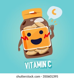 bottle of vitamin c with cab character design. benefit of vitamin concept - vector illustration