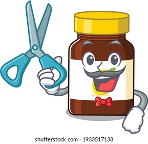 bottle vitamin c cartoon character design as talented barber