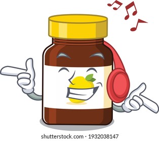 bottle vitamin c Cartoon design concept listening music on headphone