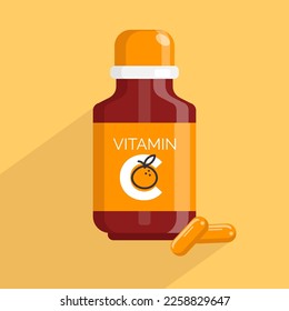 Bottle of Vitamin C. Label supplement with a slice of oranges. Capsule and pills for Nutrition. Vector illustration.