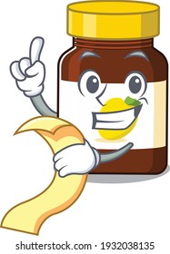 bottle vitamin c mascot character style with a menu on his hand