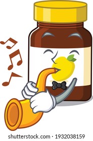 bottle vitamin c musician of cartoon design playing a trumpet