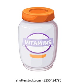 Bottle with vitamin food supplement for pet vector illustration. Cartoon isolated white plastic medical container with orange cap and label, vitamin medication in package for health of dog and cat