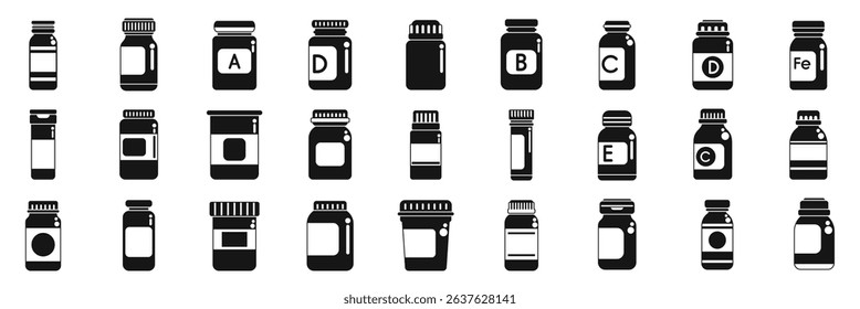 Bottle vitamin supplement icons set. Vitamins and supplements providing essential nutrients for health and wellness
