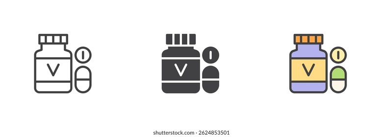 Garrafa de vitaminas cápsulas ou comprimidos conjunto de ícone de estilo diferente. Linha, glifo e preenchido esboço versão colorida, contorno e sinal de vetor preenchido. Símbolo de suporte nutricional, ilustração do logotipo