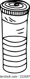 A bottle with vitamins, pills, medicines. Black and white vector illustration, hand-drawn. Isolated object on a white background. Clipart, template, sketch.