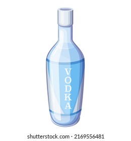 Flasche Wodka, Alkohol trinken Menü Vektorgrafik. Karton-Flasche mit Verschlusskappe und blaues Etikett, gefüllt mit kristallklarer alkoholischer Flüssigkeit
