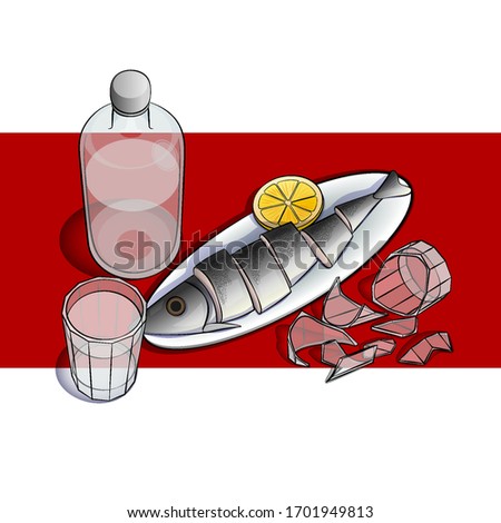 A bottle of vodka and fish. Vector illustration.