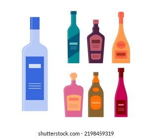 Bottle of vodka gin liquor champagne rum whiskey wine. Graphic design for any purposes. Flat style. Color form. Party drink concept. Simple image shape. Vector.

