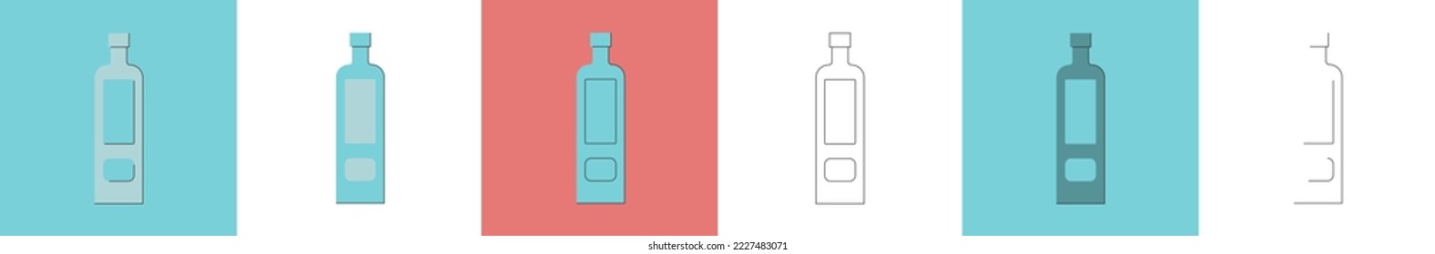 Bottle of vodka, great design for any purposes. Flat style. Party drink concept. Color icon bottle. Simple image shape with a thin line of shadow. Four types of object on different backdrop. Vector.