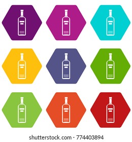 Bottle of vodka icon set many color hexahedron isolated on white vector illustration