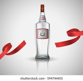 Bottle of vodka with red ribbon, isolated on white. Poster or brochure template. Vector illustration.