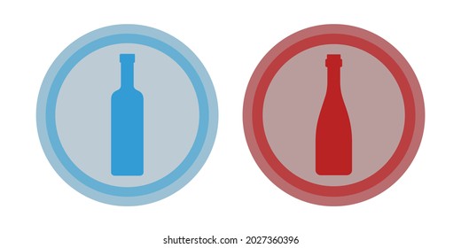 Bottle of vodka, red wine. Background is circle. Isolated color object design beverage. Graphic illustration in flat style. Simple icon for restaurant, pub, party. Vector.
