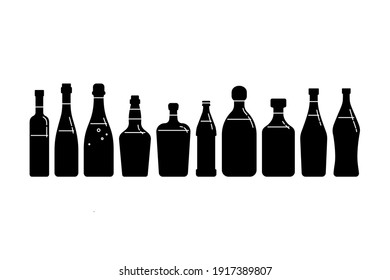 Bottle Vodka Red Wine Champagne Whiskey Liquor Beer Tequila Rum Martini In Silhouette Style. Restaurant Beverage Alcoholic Illustration For Celebration Design. Set Simple Element In Row. Vector.
