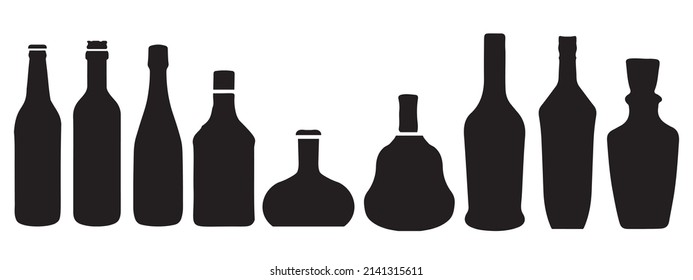 Bottle vodka red wine champagne whiskey liquor beer tequila rum martini in silhouette style. Restaurant beverage alcoholic illustration for celebration design. Set simple element in row. Vector.