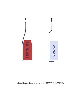 Flasche Wodka und Rotwein im linearen Stil auf weißem Hintergrund. Schwarz dünne Umrisse in Form eines Konturschattens und einer roten Füllung. Moderner Flachstil. Illustration der Logoelemente. Circuit Drink Symbol.
