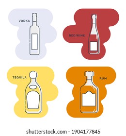 Bottle vodka red wine tequila rum line art in flat style. Restaurant alcoholic illustration for celebration design. Art contour element. Beverage outline icon. Isolated on color shape background.
