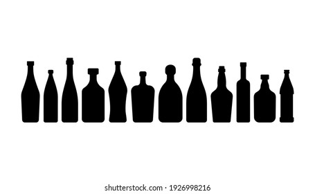 Bottle vodka red wine water champagne whiskey liquor beer tequila rum martini vermouth in silhouette style. Restaurant beverage alcoholic illustration. Set black shape in row on white background.
