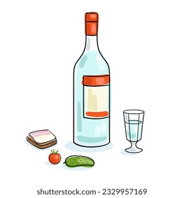 Bottle of vodka with a snack and a glass. Image in linear style. Black contour with colored spots. Isolated on white background. Vector flat illustration.