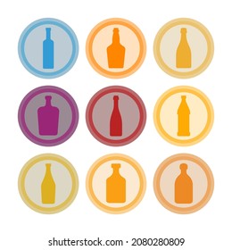 Bottle of vodka, whiskey, champagne, liquor, red wine, beer, vermouth, rum, tequila. Background is circle. Isolated color object design beverage. Vector graphic illustration in flat style. Simple icon