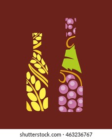 Bottle vodka and wine from pattern with wheat ears and bunches of grapes. Color drawn sketch on dark red background. Vector flat illustration