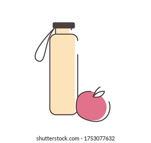 
Bottle For Water, Apple. Icon Healthy Eating, Fitness, Diet, Reusable Bottle. Vector Stock Illustration For Female Application, Articles On Active Healthy Lifestyle.