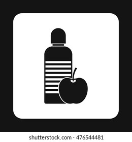 Bottle of water and apple icon in simple style on a white background