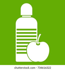 Bottle of water and apple icon white isolated on green background. Vector illustration