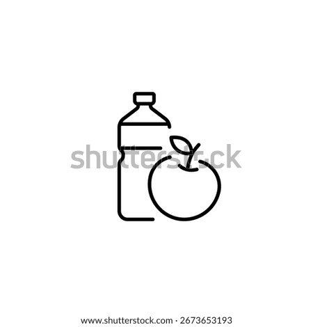Bottle of water and an apple. Snack linear icon. Break time. Line customizable illustration. Contour symbol. Vector isolated outline drawing. Editable stroke