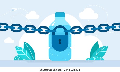 Bottle of water behind a chain with a closed lock. People's access to clean drinking water is limited. Thirst, drought. Water delivery service concept. Vector illustration.