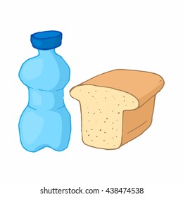 Bottle of water and bread icon, cartoon style