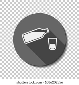 bottle of water with bubbles and glass cup. simple icon. White flat icon with long shadow in circle on transparent background. Badge or sticker style